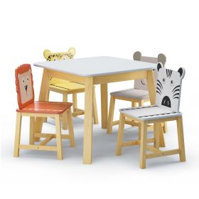 5 Piece Kiddy Table and Chair Set ; Kids Wood Table with 4 Chairs Set Cartoon Animals (bigger table)(3-8 years old)