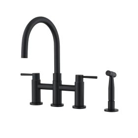 Double Handle Bridge Kitchen Faucet with Side Spray (Color: Matte Black)